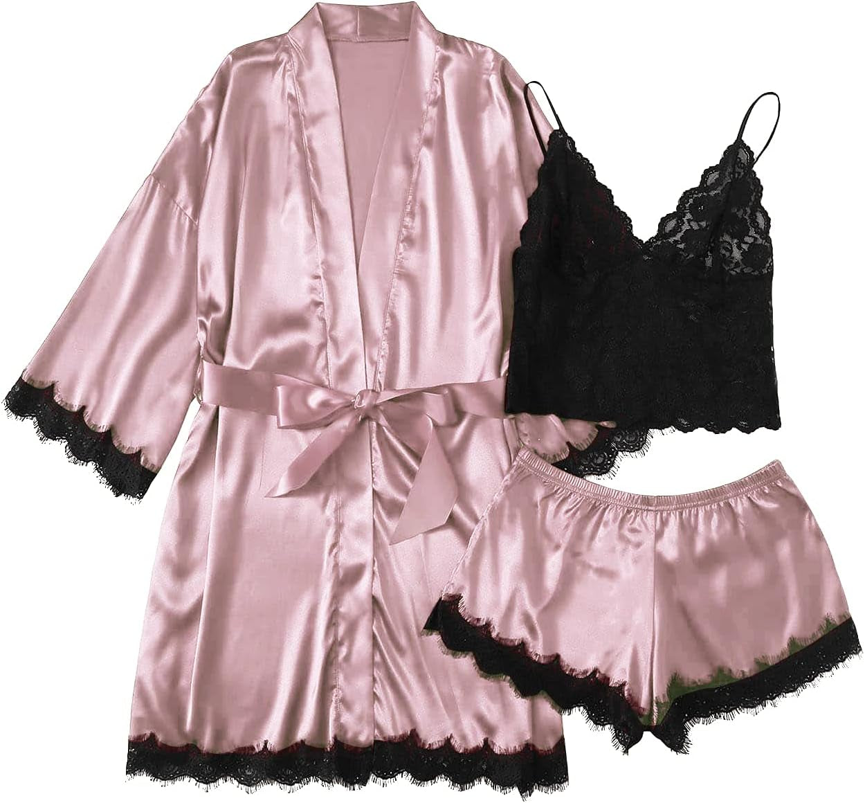 "Glamorous Satin Silk Lace Lingerie Set: Cami Top, Shorts, and Robe - Ideal Sleepwear for Women"