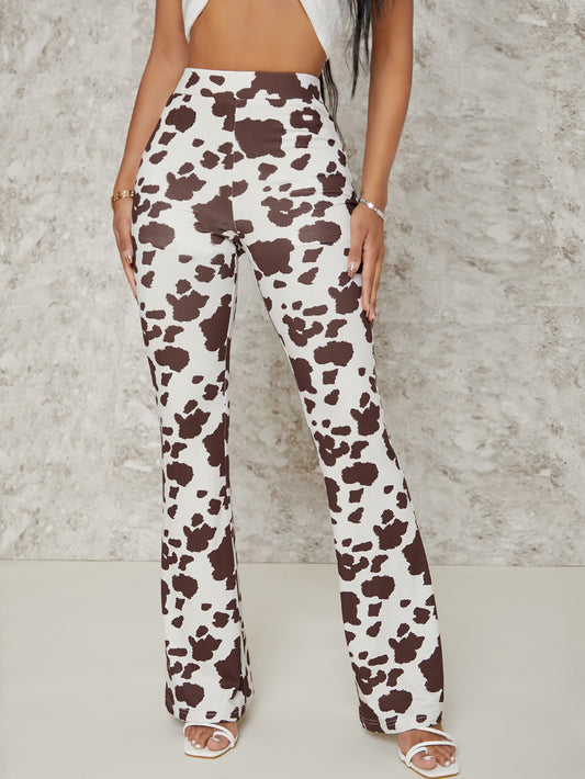 Trendy Cow Print High Waisted Flare Pants 