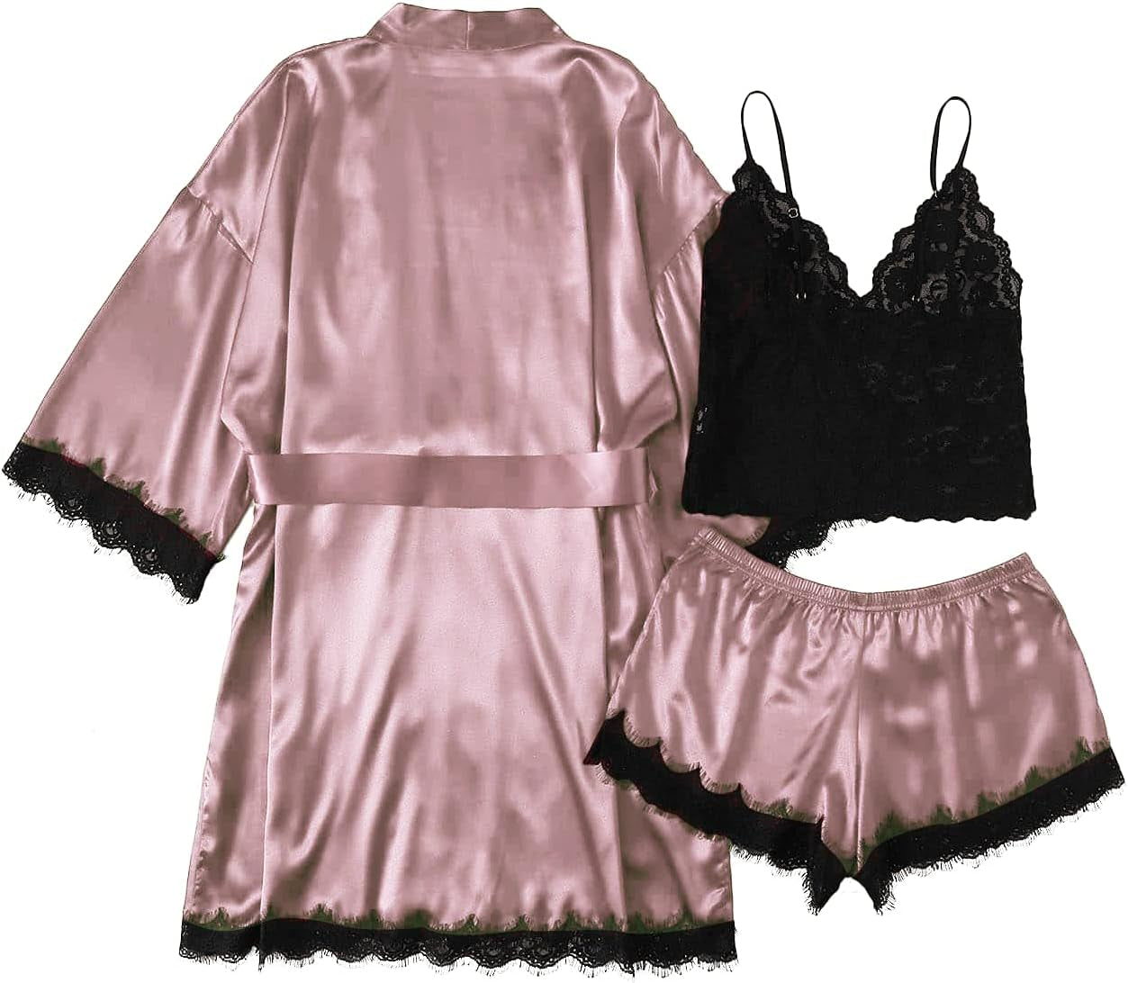 "Glamorous Satin Silk Lace Lingerie Set: Cami Top, Shorts, and Robe - Ideal Sleepwear for Women"