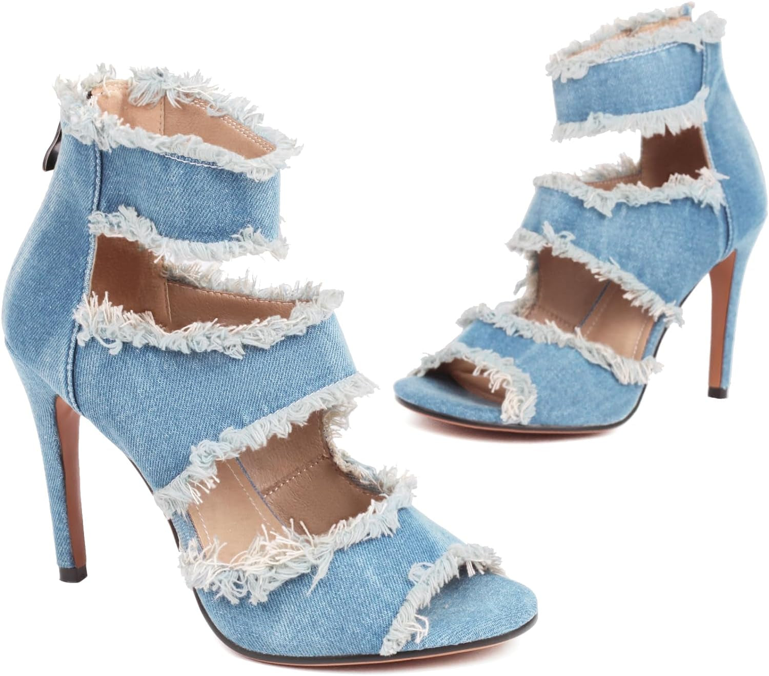 Chic Denim Peep Toe Heeled Sandals with Ankle Strap 