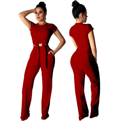 Chic Women's Bandage Peek-a-Boo Crop Top and Full Pants Set