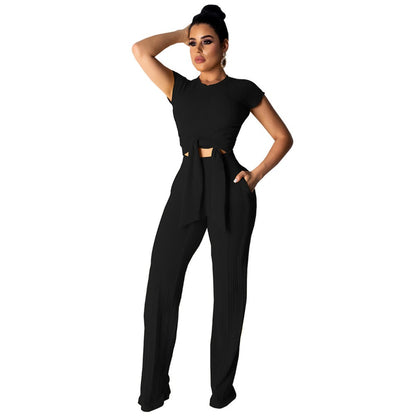 Chic Women's Bandage Peek-a-Boo Crop Top and Full Pants Set