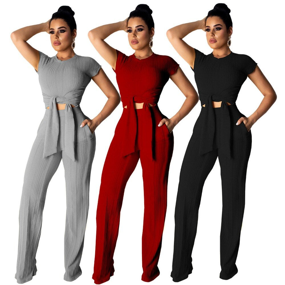 Chic Women's Bandage Peek-a-Boo Crop Top and Full Pants Set