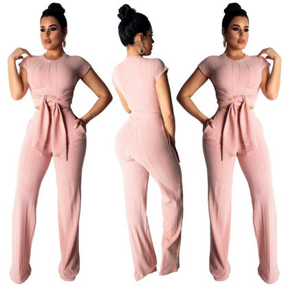 Chic Women's Bandage Peek-a-Boo Crop Top and Full Pants Set