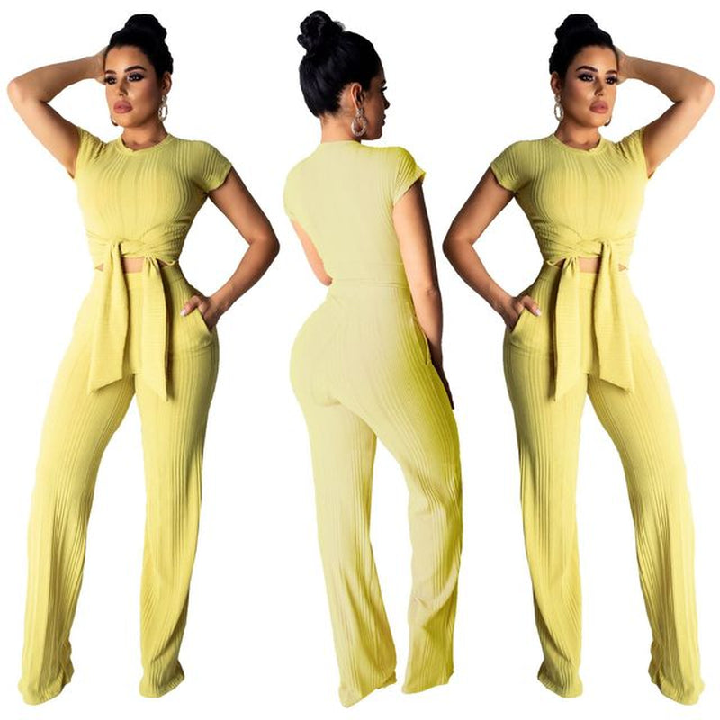 Chic Women's Bandage Peek-a-Boo Crop Top and Full Pants Set