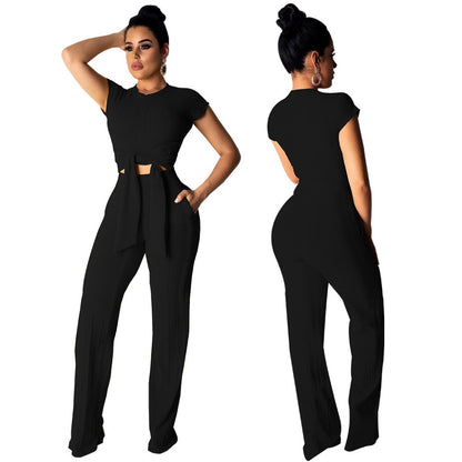 Chic Women's Bandage Peek-a-Boo Crop Top and Full Pants Set