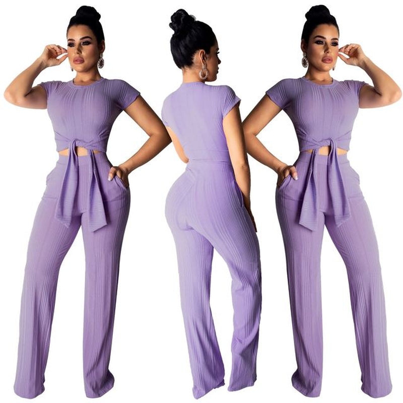 Chic Women's Bandage Peek-a-Boo Crop Top and Full Pants Set