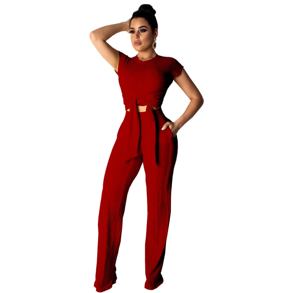 Chic Women's Bandage Peek-a-Boo Crop Top and Full Pants Set