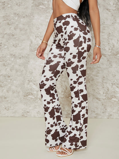 Trendy Cow Print High Waisted Flare Pants 